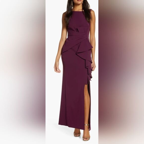Eliza J Ruffle Front Gown NWT Size 14 Wine/Purple - Picture 1 of 5